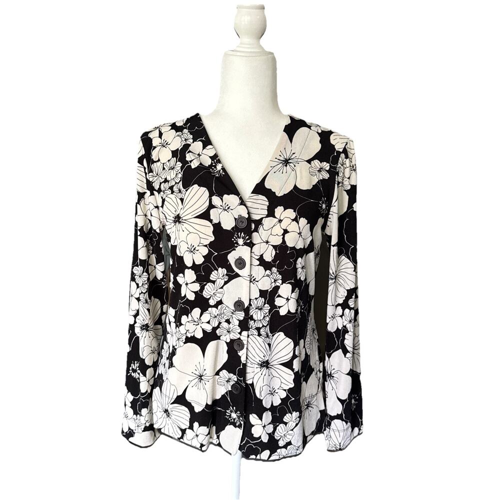 VTG Notations Button Front V-Neck Top Womens S Black Ivory Floral Jersey Stretch